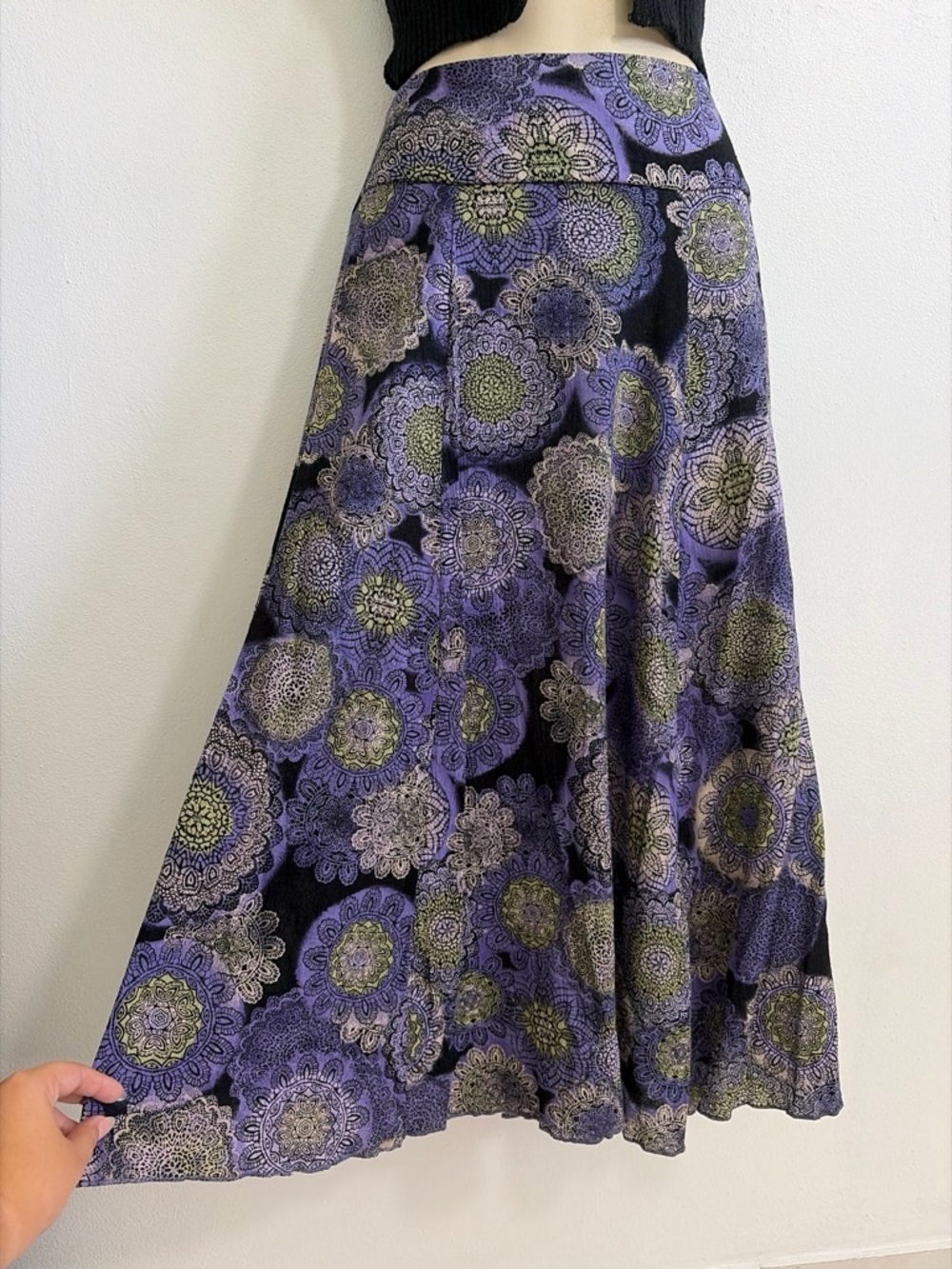 Laura Scott Boho Purple and Black Maxi Skirt with Green Mandala Print